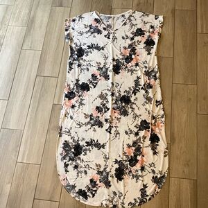 Long Split Side Pink and Black Floral Short Sleeved Dress